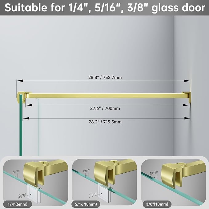 Frameless Shower Door Support Bar, Stainless Steel Wall-to-Glass Support Arm to Fixed Shower Glass Panel, for 1/4"-3/8" (6-10 mm) Door, 180° Pivot & Stow-Flat Mode (Brushed Gold, 27.6-inch(700mm))