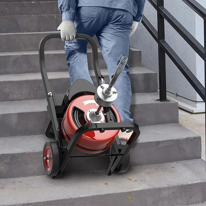 100Ft 1/2 Inch Cable Drain Cleaning Machine, 450W Auto Feed Portable Electric Sewer Snake, Electric Drain Auger with 4 Cutter Air-Activated Foot Switch for 2" to 4" Pipes