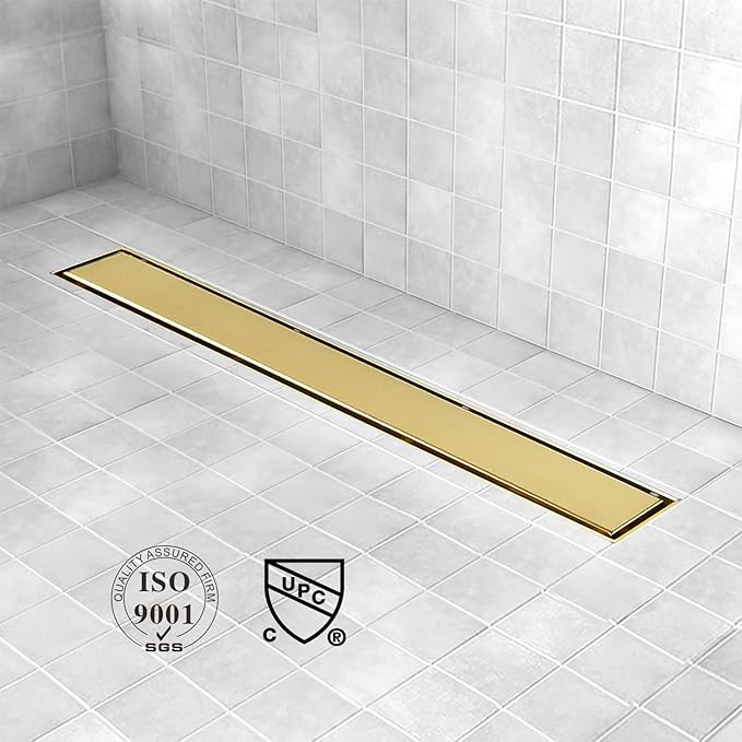 Linear Shower Drain, 60 inch Gold Drain with Tile Insert 2-in-1 Panel, Brushed 304 Stainless Steel Gold Shower Floor Drain, Linear Drain with Hair Strainer and Adjustable Feet