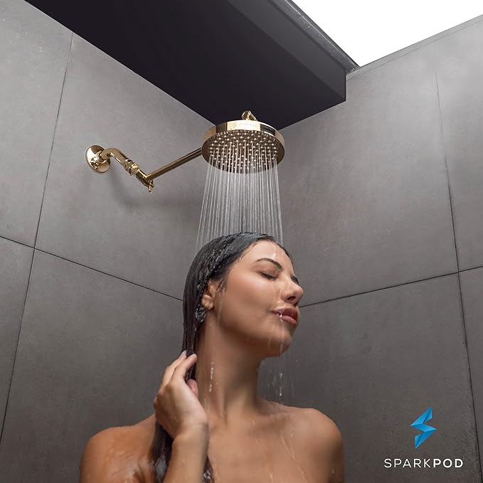 SparkPod 11" Solid Brass Shower Head Extension Arm - Flexible Height & Angle Adjustable Shower Arm Extension for Rain Showerheads with Sturdy Lock - Universal Pipe Connection (Egyptian Gold)