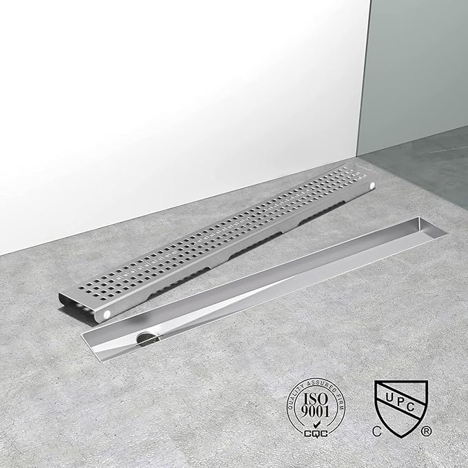 Offset Linear Shower Drain, Shower Drain 48 inch with Removable Grate Cover, Professional AISI 304 Stainless Steel Side Outlet Shower Floor Drain with Hair Catcher and Leveling Feet