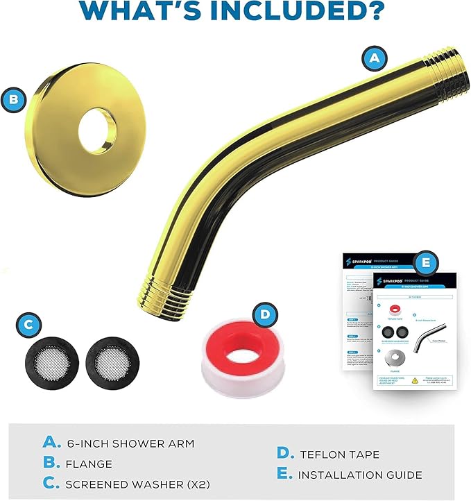 SparkPod 6 Inch Shower Arm with Flange - Solid Stainless Steel Shower Head Extension Arm - Wall-Mounted for Fixed & Handheld Showerheads - Teflon Tape Included (Standard 6", Egyptian Gold)