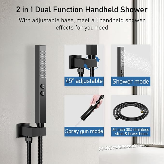 Shower Faucet Set, 12" Rain Shower System with Handheld and Ceiling Mount 6" Rainfall Shower Head, Can Use 2 Modes Together for Two People, 3 Way Shower Valve with 5 Diverter Complete, Matte Black