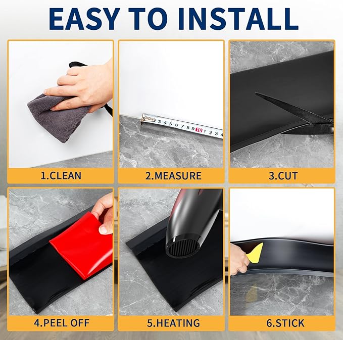 Flexible Baseboard Molding Trim 6 Inch Self-Adhesive Vinyl Wall Base Peel and Stick Cove Base Rubber Wall Baseboard Moulding Trim (40Ft, Black)