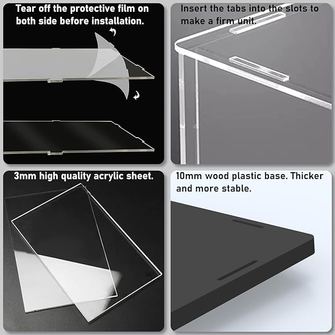 Choowin 4 Tier Small Clear Acrylic Display Case for Collectibles, Mini Figures, Pop Mart, Labubu, Sonny Angel, Smiski - Assemble Dustproof Acrylic Display Box with Door, Stand (Black Base Step)