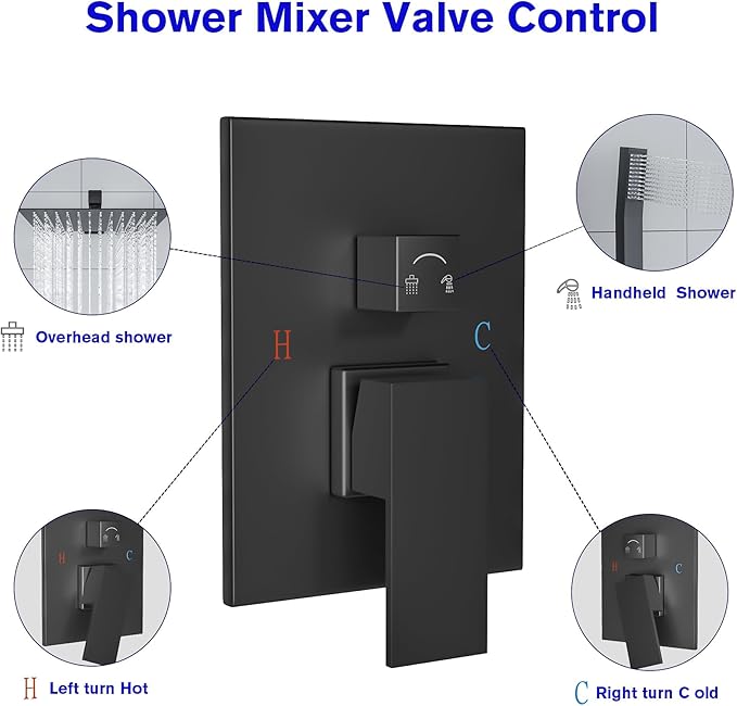 Lordear Rain Shower System 12 Inch Shower Head Faucet Set Matte Black Stainless Steel Square Wall Mounted Rainfall Shower Head with Handheld, Solid Brass Valve Included