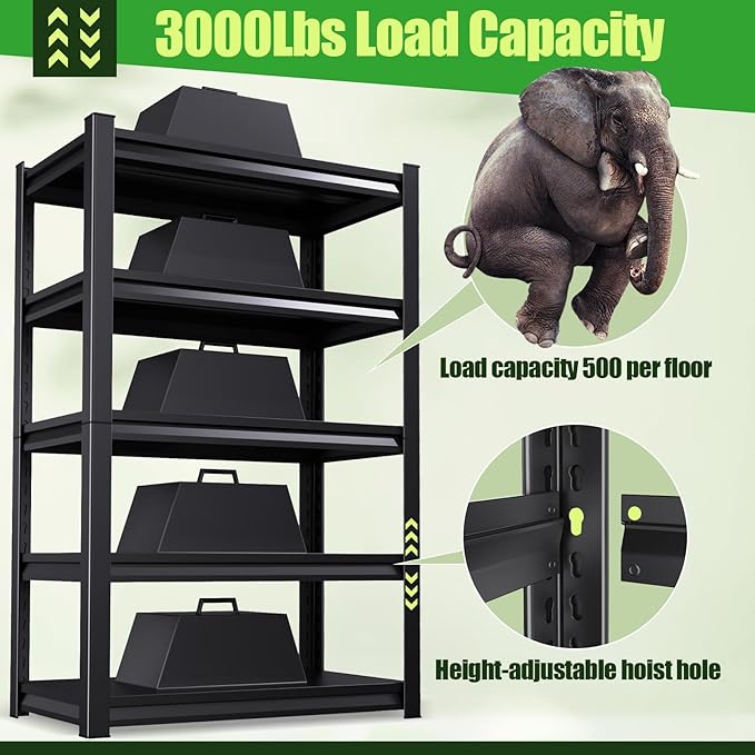 Garage Shelving,Heavy Duty Garage Storage Shelves,Metal Shelving Unit,5 Tier Adjustable Steel Utility Shelf,Use for Basement,Warehouse, Pantry Closet,Black (72" H*59" W*19.7" D)