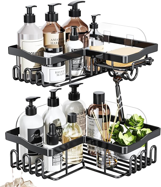 Corner Shower Caddy with Soap Holder, 2 Pack Stainless Steel Corner Shower Organizer with 11 Hooks, No Drilling & 6 Strong Adhesives Corner Shower Shelf Bathroom Organizer for Shower Room, Black