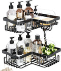 Corner Shower Caddy with Soap Holder, 2 Pack Stainless Steel Corner Shower Organizer with 11 Hooks, No Drilling & 6 Strong Adhesives Corner Shower Shelf Bathroom Organizer for Shower Room, Black