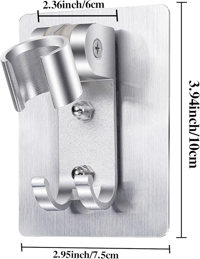 Shower Head Holder, Adjustable Wand Holder with 2 Hanger Hooks, Wall Mount Bracket, Aluminium Alloy, Silver