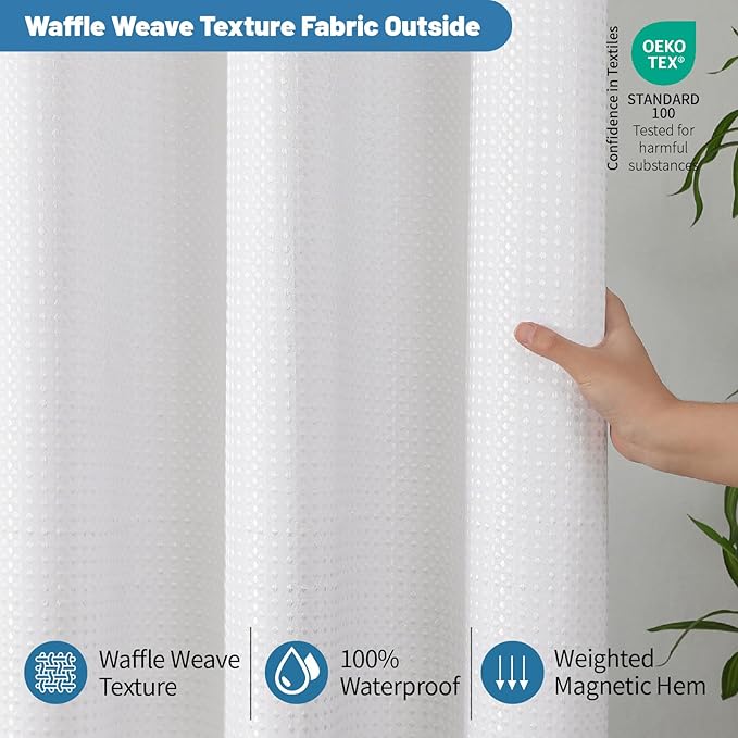 2-in-1 Waterproof Fabric Shower Curtain - No Separate Liner Needed, Hotel-Style Waffle Weave, Effortless Cleaning & Washable Bathroom Shower Curtain Set,72Wx72H,White