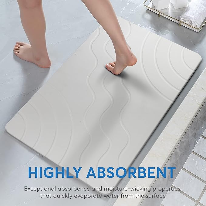Stone Bath Mat – Quick Drying Diatomaceous Earth Bath Mat, Super Absorbent Bathroom Stone Mat, Non-Slip Shower Stone Mat, Modern Water Absorbing Bath Mat for Bathroom & Kitchen (23.6” x 15.3”, White)