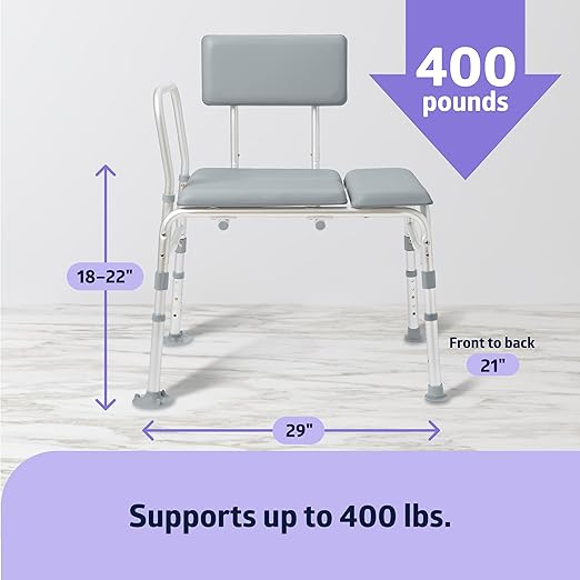 Medline Padded Transfer Bench for Bathtub and Shower, Height Adjustable, Slip-Resistant Legs, Rust-Resistant, Side Arm & Back Rest for Extra Support, 400 lb. Weight Capacity, Tool-Free Assembly