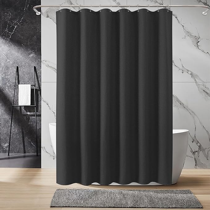 Inhousolu Fabric Shower Curtain Waffle Weave, 230 GSM Heavy Duty, Weighted Hem, 12 Metal Hooks, Water Repellent, Machine Washable, Hotel Spa Luxury Bath Curtain Set, 60 x 72 Inch, Black