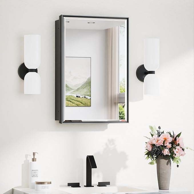 TokeShimi 20 x 26 Recessed Medicine Cabinet with Mirror Wall Mounted, Aluminum Alloy Black Medicine Cabinet Mirrored, Metal Beveled Mirror with Storage for Bathroom Vanity