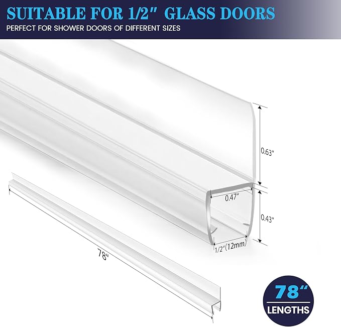 Bathroom Shower Door Seal Strip, 2PCS 78 Inch Shower Door Side Seal Strips, PVC Transparent Shower Door Seal Strip for 1/2"(12MM) Frameless Shower Door