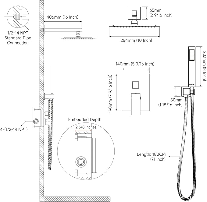 Rain Shower System Sets Faucet: EMBATHER 10 Inch Overhead Rainhead Shower Combo Set With Handheld And Valve-Luxury Modern Mixer Rainfall Brushed Nickel Shower Faucets Sets Complete