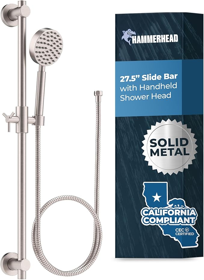 HammerHead Showers® SOLID METAL 27.5 Inch Shower Slide Bar Set and Handheld Shower Head with Hose — BRUSHED NICKEL — 1.75 GPM Low Flow Spray Wand — Easily Adjust Height & Angle of Handshower