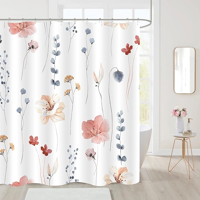 Gibelle Watercolor Floral Shower Curtain, Coral Beige Flower Shower Curtain for Bathroom, Modern Minimalist White Waterproof Fabric Shower Curtain Set 72x72 Inch