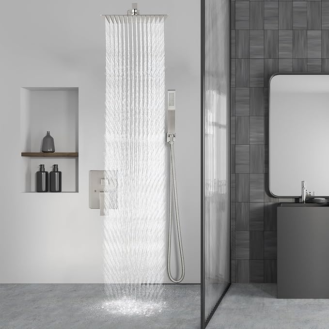 Aolemi Shower Faucet Set Rain Shower System with Handheld Spray Bathroom Shower Combo Rough-in Valve and Shower Trim Kit Included Brushed Nickel 8 Inch Wall Mount Shower Head
