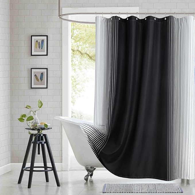 Black Shower Curtain 78 Inches Long, Modern Black and White Gradient Vertical Stripe Waterproof Polyester Shower Curtains for Bathroom, 72x78 Inches