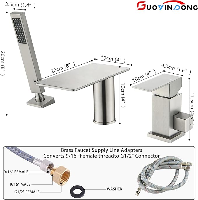 Waterfall Roman Tub Faucet with Sprayer, Deck Mount Tub Faucet Single Handle 3 hole Roman Tub Faucet High Flow Bathtub Faucet Set, Brushed Nickel