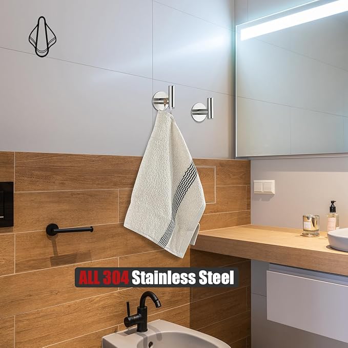 JQK Self Adhesive Towel Hook Brushed, No Drill Stick on Coat Robe Clothes Wall Hook for Bathroom Kitchen Garage 2 Pack, 304 Stainless Steel Brushed Steel, ATH110-BN-P2