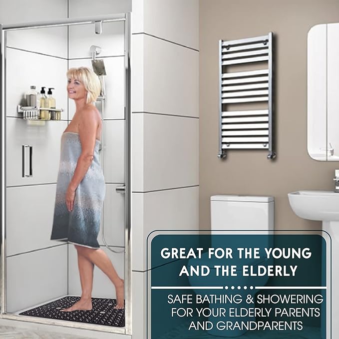 ENKOSI Square Shower Mat 27x27 inch - Large Anti Slip Shower Floor Mat - Non Slip Bathroom Shower Stall Mats with Strong Secure Suction Cups and Drain Holes in Middle (Navy Blue 27x27)