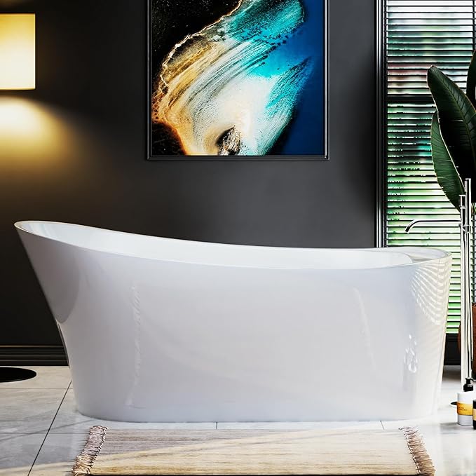 Empava Freestanding Bathtub, 67" Soaking Tub with End Drain & Overflow – Acrylic Tub, Non-Slip Flat Bottom, Glossy White, cUPC Certified