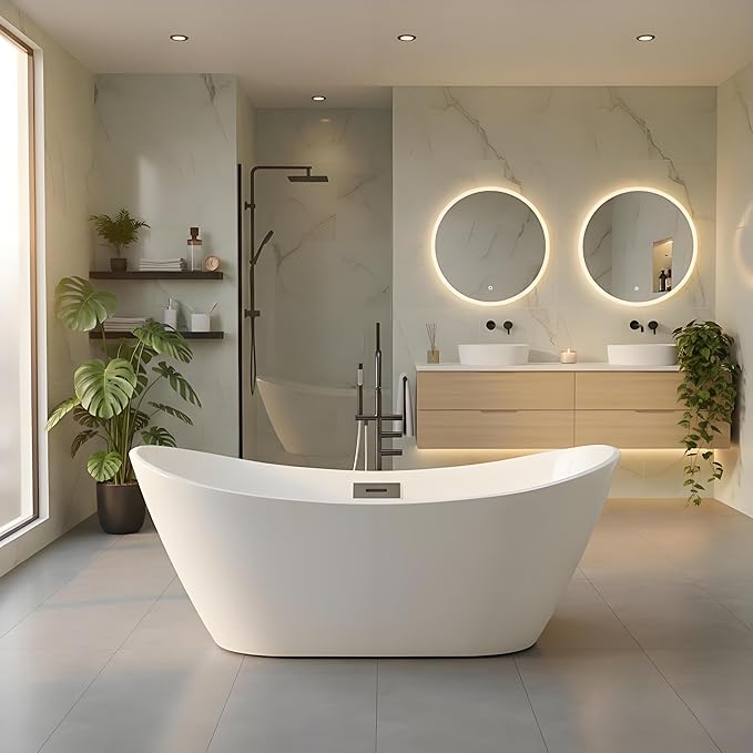 Extra Large Freestanding Bathtub 67 Inch Luxury Acrylic Soaking Bathtub for Modern Bathroom, Free Standing Tub with Integrated Overflow & Pre-Installed Drain Pipe, Glossy White Freestanding Tub Design