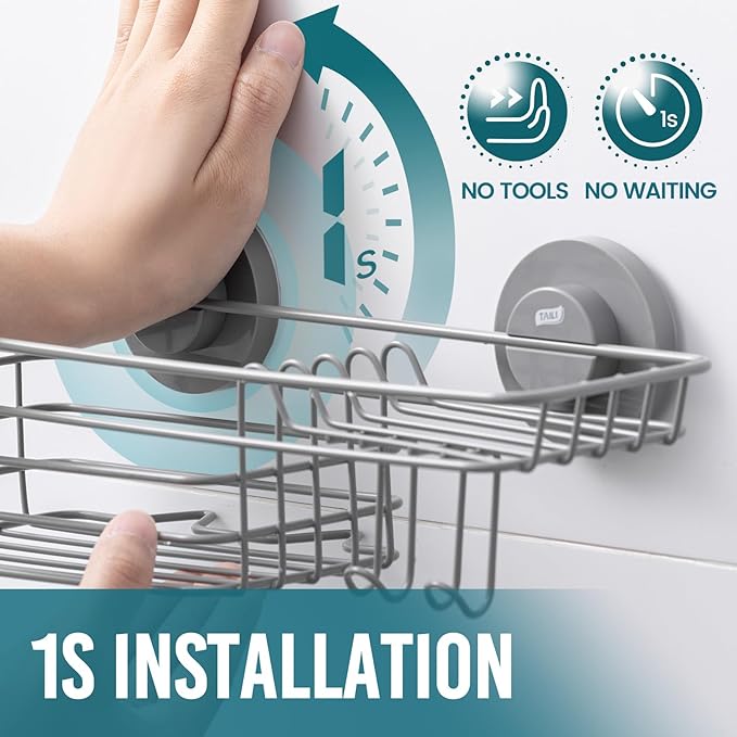 TAILI Shower Caddy Suction Cup with Hooks & Soap holder, Heavy Duty Bathroom Shower Organizer, No Drilling Shower Shelves for Inside bathroom, Metal Storage Basket-Grey