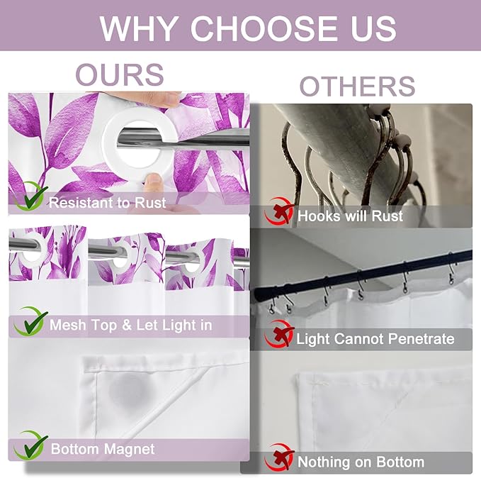 No Hook Shower Curtain and Liner Set, Purple Eucalyptus Floral Shower Curtains for Bathroom, Bath Curtain Sets with Snap in Liner, Waterproof with See Through Top Window, 71x84 Inches