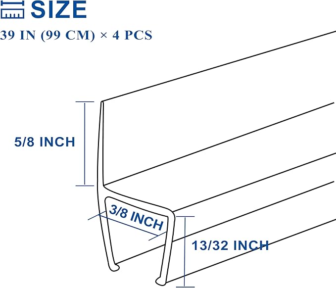 Frameless Shower Door Seal Strip 4 Pack x 39 Inch H for 3/8" Thick Glass Shower Door Side Seal Strip Bottom Seal Door Sweep, Ultra Clear Polycarbonate Stop Showers Leaks Create A Water Barrier