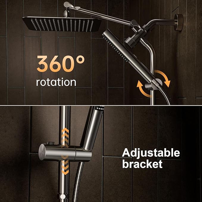 Veken Brushed Nickel Shower Head, 10'' All Metal Rain Shower Heads with Handheld Spray Combo, Hand Held Bathroom Combo with Extension Arm, Dual shower with Power Wash, Adjustable Rainfall Showerhead