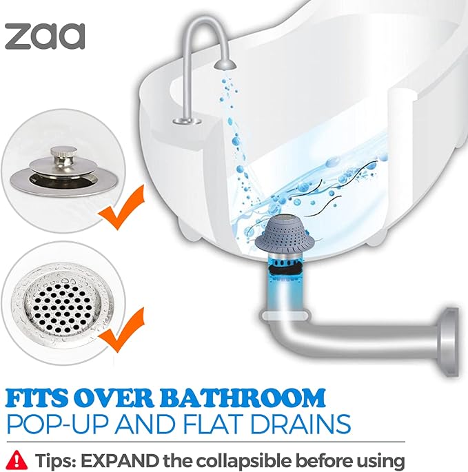 zaa Bathtub Drain Hair Catcher, Premium Silicone Collapsible 2 Pack Drain Protector for Pop-Up & Regular Drains of Shower, Bathtub, Tub, Bathroom, Sink, Blue