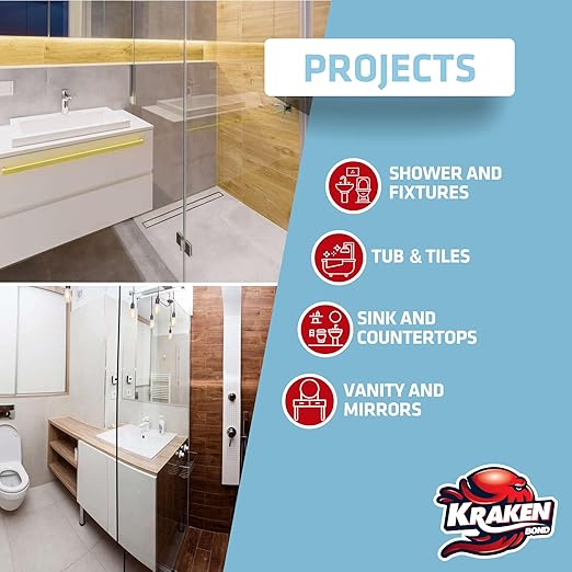 Kraken Bond Premium Kitchen and Bathroom Silicone Caulk White - (12x10.1 fl.oz) RTV White Caulking Silicone Waterproof for Kitchen, Bathroom, Shower, Sink, Anti Shrink 100% Silicone Caulking | 12 Pack