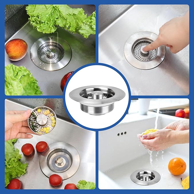 Upgraded 3 in 1 Kitchen Sink Drain Strainer - Stainless Steel Sink Stopper, Anti-Clogging Sink Food Catcher Basket, Fast Drainage Odor Filter Sink Plug