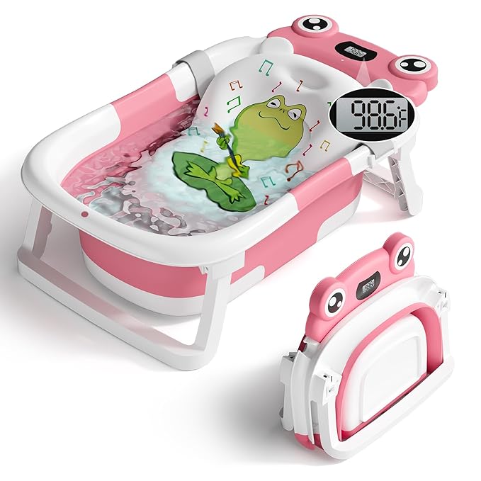 Baby Bathtub, Collapsible Newborn Bathtub for Infant to Toddler 0-24 Months with Soft Bath Net,Portable Travel Newborn Tub with No-Slip Feet, Baby Shower Gifts, Rose Pink