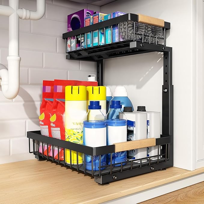 PXRACK 1 Pack Under Sink Organizer,Adjustable Height,2 Tier Pull Out Under Cabinet Organizer,Slide Out Thickened Metal Under Sink Storage for Kitchen Bathroom Laundry Cabinet Pantry,Black(S)