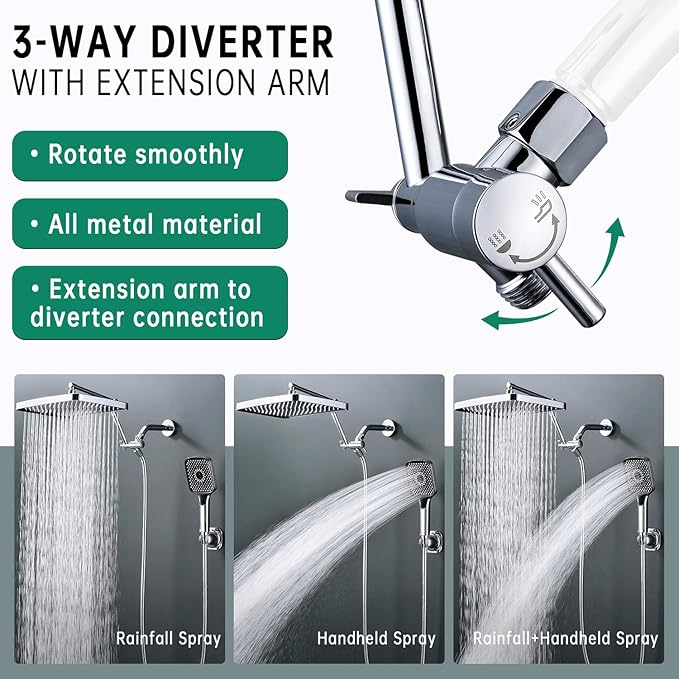Shower Heads with Handheld Spray Combo, 13 Inches Rain Shower Head with 4 Mode Handheld Wand, and 13 Inches Adjustable Extension Arm, 3 Way Diverter Valve, Extra Long Hose (Chrome)
