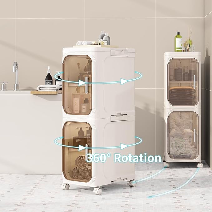 KHNR 3-Tiers Slim Bathroom Storage Cabinet, Foldable Storage Cabinets,Narrow Bathroom Storage,Movable Bathroom Storage Organizer for Small Spaces,Bathroom,Kitchen,Laundry,Cream White