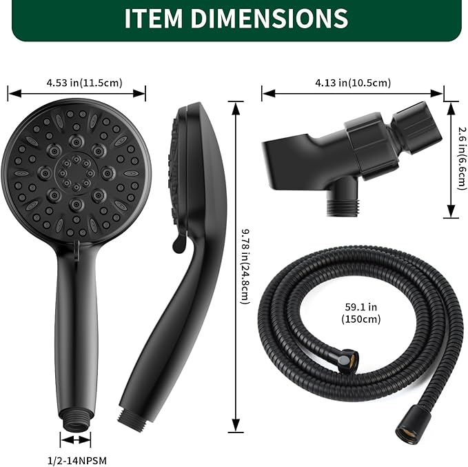 Matte Black Shower Head, 6 Spray Modes Handheld Showerhead, High Pressure Shower Head with 59 Inch Stainless Steel Hose and Adjustable Showerhead Holder