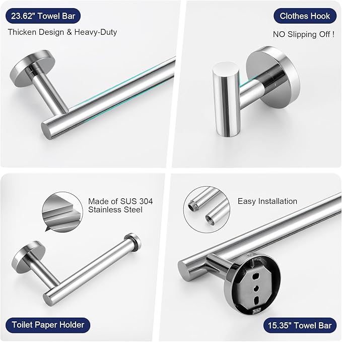 5 Pieces Bathroom Hardware Set, 23.6-inch+15.35-inch Bathroom Towel bar SUS304 Stainless Steel Bathroom Towel Bar Set Polished Chrome