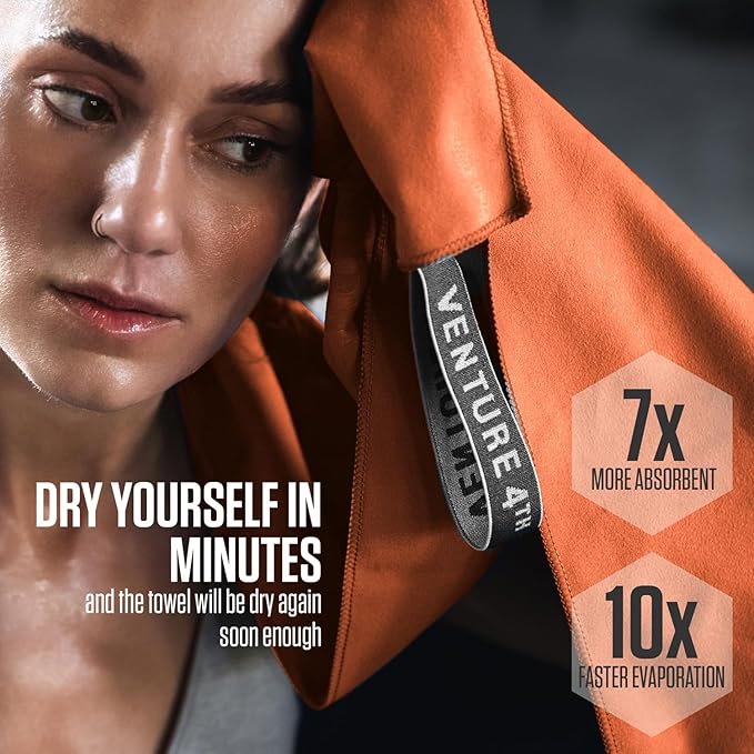 VENTURE 4TH Quick Dry Towel. Microfiber Travel Towel Ideal for Camping, Hiking, Backpacking, Gym. Lightweight & Fast Drying Travel Towels for Body. Compact & Easy to Pack - Orange Large