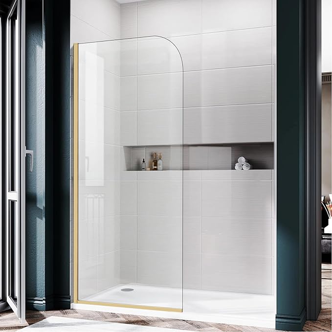 Glass Shower Panel, 32" W x 78" H Semi-Framed Fixed Shower Panel in Brushed Gold with 5/16"(8mm) Clear Tempered Glass Door, Simple Shower Door Panel for Bathroom