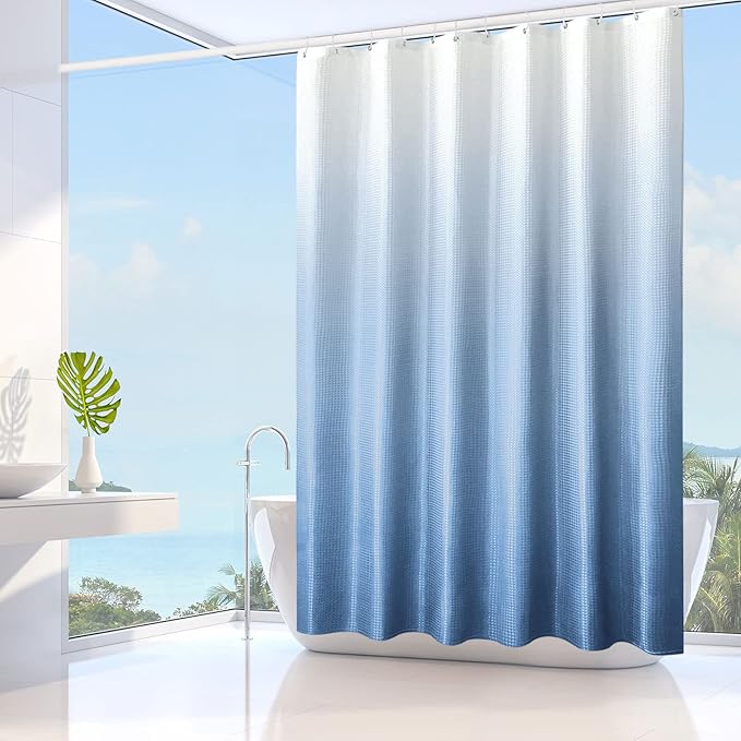Gibelle Long Shower Curtain 72 x 78, Tall Blue Ombre Shower Curtain for Bathroom, Waffle Weave Fabric Shower Curtain Set with Hooks, Water Repellent, Machine Washable