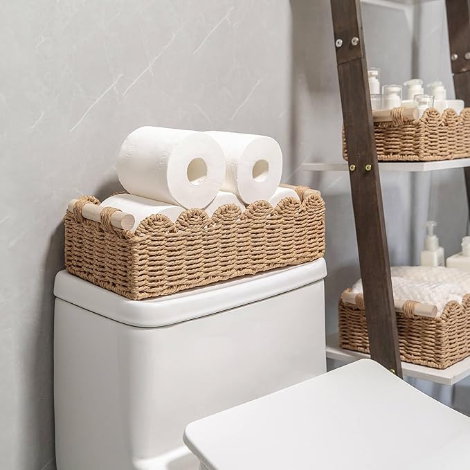 CubesLand Paper Rope Scalloped Edge Decor Baskets for Home, Living Room, Bedroom, Toilet Basket for Over Toilet Storage Shelf, End Table, Shelves and More, Both Storage&Decor, Set 2 Neutral