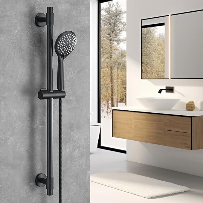 Adjustable Shower Slide Bar with 5-Function Handheld Shower Head, Stainless Steel Grab Slide Bar Combo with Extra Hose (Matte Black)