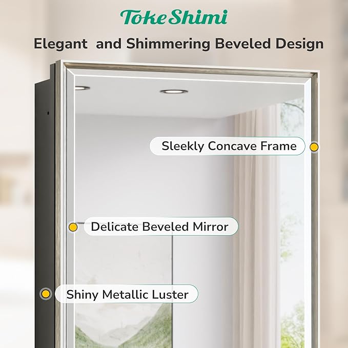 TokeShimi 24x30 Bathroom Mirrored Medicine Cabinet, Recessed Medicine Cabinet with Mirror, Aluminum Framed Brushed Nickel Mirror with Storage Adjustable and Quiet Hinge