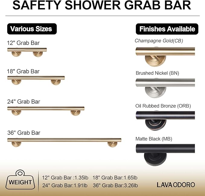Lava Odoro Shower Grab Bar, Modern Stainless Steel Handicap Grab Bar for Bathtubs and Showers, Shower Safety Bar for Seniors Disabled, ADA-Compliant (Champagne Gold, 18 Inch)